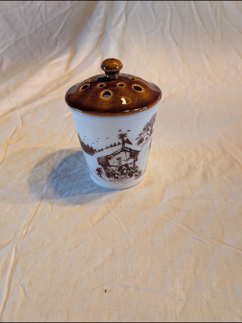 2/30$ Milk Glass Amway Pot Pourri with Brown Glazed Lid - White and Brown